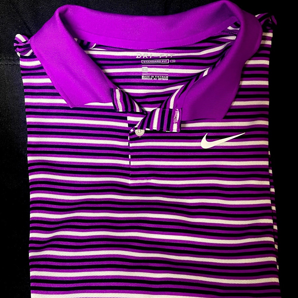 Mens Nike Dri-Fit golf shirt. Size: XL, Color:Purple, black and white. EUC